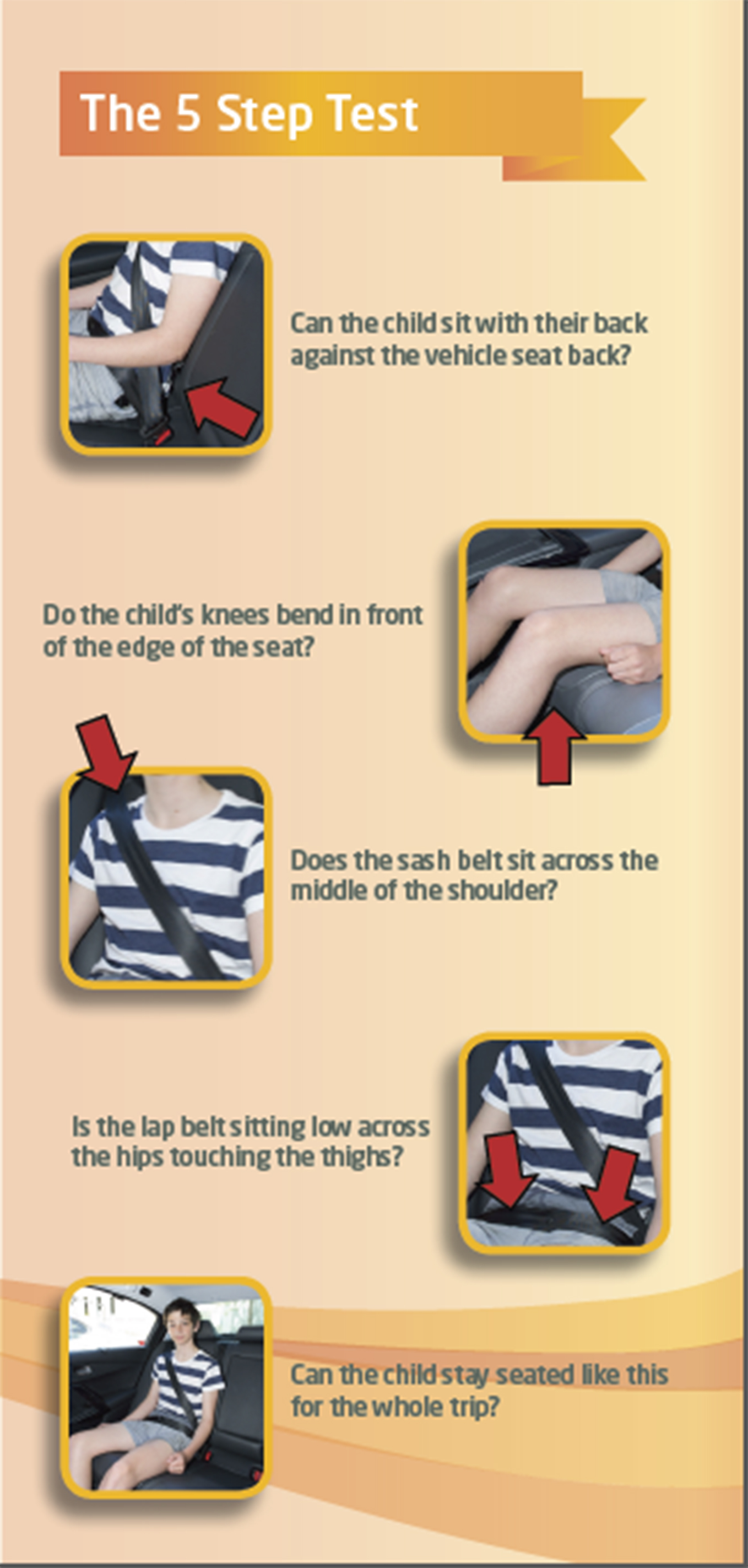 A child should only use an adult seatbelt when they are big enough to meet all parts of the '5 step test'.